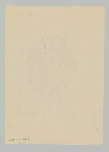 ilustracja - Rysunek grupy ludzkiej; głowy i popiersia - ich ogólny wspólny kształt przypomina jedną głowę.Elementy twarzy malowane schematycznie: konturowe linie ust, oczu, nosów; kreskowania włosów. Głowy skierowane w różnych kierunkach, przy czym większość głów w ustawieniu pionowym; wyróżniają się zwłaszcza dwie: jedna - po prawej - ułożona górą ku dolnej krawędzi, po prawej od niej głowa poziomo.   Kompozycja w narysowanym obramowaniu; wewnątrz dzielona na wewnętrzne prostokąty, przy lewej krawędzi linie wychodzą na margines wyznaczany obramowaniem. Na dolnym marginesie kropkami - wykonanymi tuszem - zarysowane dwie pionowe linie, jedna po lewej i jedna po prawej, stanowiące przedłużenie linii obramowujących scenę. W prawym górnym rogu wewnątrz obramowania - zmazany (?) szkic dłoni (?).