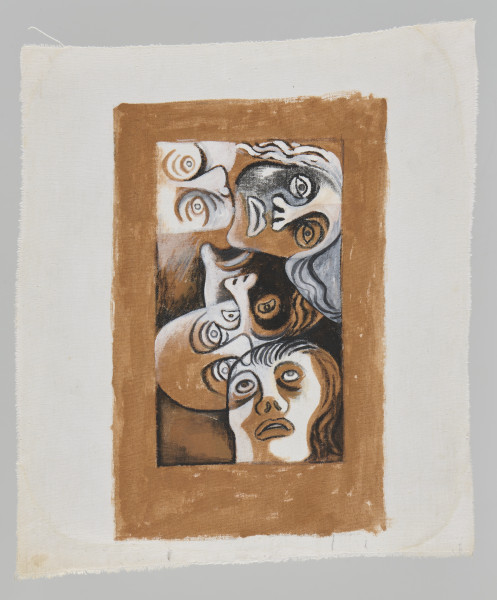ilustracja - Przedstawienie, w tonacji brązowo-biało-czarnej, grupy ludzkiej; głowy i popiersia - ich ogólny wspólny kształt przypomina jedną głowę.Elementy twarzy malowane schematycznie: konturowe linie ust, oczu, nosów; kreskowania włosów. Głowy skierowane w różnych kierunkach, przy czym większość głów w ustawieniu pionowym; wyróżniają się zwłaszcza dwie: jedna - po prawej - ułożona górą ku dolnej krawędzi, po prawej od niej głowa poziomo.   Kompozycja w namalowanym brązowym obramowaniu, wewnątrz dzielona na wewnętrzne prostokąty: w górnym rzędzie dwa, lewy szerszy, prawy kwadratowy, drugi rząd składa się z prostokątów pionowych, podłużnych, lewy największy (w nim też znajduje się najwięcej głów), w najniższym rzędzie widoczne cztery prostokąty. Krawędzie wewnętrzne namalowanego brązowego obramowania proste, zewnętrzne - niewykończone.