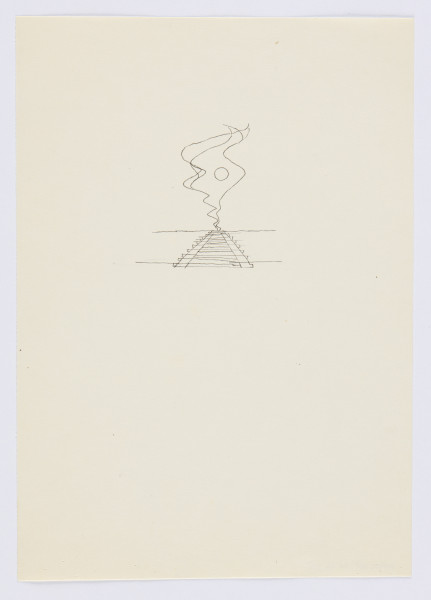 ilustracja - Rysunek czarnym piórkiem na kremowym, półtransparentnym papierze: tory, narysowane niewielką ilością kresek, ujęte perspektywnicznie, na wprost. Każdy z podkładów torów narysowany dwoma równoległymi poziomymi kreskami, połączonymi z obu stron krótkimi kreskami pionowymi. W miejscu zetknięć torów z linią horyzontu widoczny jest dym, w jego środku okrąg (słońce); dym narysowany kilkoma (czterema) kreskami, falujące linie częściowo zachodzą na siebie, zwłaszcza z lewej strony.