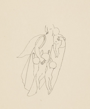 ilustracja - Rysunek na kremowym półtransparentnym papierze, konturowy, przedstawiający kobietę - ustawioną w trzech czwartych - z jednym dzieckiem na lewym ręku i trójką dzieci u dołu, wyciągających do niej do góry ręce - na jednym z nich, środkowym, kobieta kładzie prawą rękę. Na szyi kobiety widoczne palce dziecka przez nią trzymanego - obejmuje ono ją od tyłu. Na twarzy kobiety zarysowane jedynie usta (?), brak innych elementów twarzy, a przedstawienie urywa się w górnej części głowy. Głowy dzieci nie mają żadnych elementów poza konturowym obrysem samych okrągłych głów, reszta sylwetek także przedstawiono nieszczegółowo (bardziej szczegółowo potraktowane jedynie pośladki dwójki dzieci na dole czy pępek dziecka na ręce). Kobieta w obszernych szatach. Zza prawego ramienia kobiety - zatem po lewej w kompozycji - wystaje zbliżony do trójkąta, ale obły, element stroju (jeśli jest to część obszernej szaty) lub samej postaci (jeśli jest to np. skrzydło).