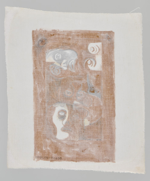 ilustracja - Przedstawienie, w tonacji brązowo-biało-czarnej, grupy ludzkiej; głowy i popiersia - ich ogólny wspólny kształt przypomina jedną głowę.Elementy twarzy malowane schematycznie: konturowe linie ust, oczu, nosów; kreskowania włosów. Głowy skierowane w różnych kierunkach, przy czym większość głów w ustawieniu pionowym; wyróżniają się zwłaszcza dwie: jedna - po prawej - ułożona górą ku dolnej krawędzi, po prawej od niej głowa poziomo.   Kompozycja w namalowanym brązowym obramowaniu, wewnątrz dzielona na wewnętrzne prostokąty: w górnym rzędzie dwa, lewy szerszy, prawy kwadratowy, drugi rząd składa się z prostokątów pionowych, podłużnych, lewy największy (w nim też znajduje się najwięcej głów), w najniższym rzędzie widoczne cztery prostokąty. Krawędzie wewnętrzne namalowanego brązowego obramowania proste, zewnętrzne - niewykończone.