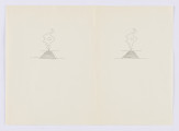 dwie ilustracje - Karta (półtransparentny papier w kolorze kremowym) z dwoma niemal identycznymi pracami, narysowanymi niewielką ilością kresek (czarne piórko): tory, ujęte perspektywicznie, na wprost, przy których zetknięciu z linią horyzontu widoczny jest dym, w jego środku okrąg (słońce). Podkłady torów narysowane podwójnymi poziomymi równoległymi kreskami, połączonymi z obu stron krótkimi kreskami pionowymi. Dym w obu wersjach narysowany pojedynczymi falującymi kreskami: jedną z prawej, drugą z lewej.