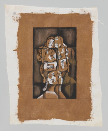 MPOLIN-M1632 ilustracja - Przedstawienie, w kolorystyce brązowo-biało-szaro-czarnej, pięciu głów, widocznych w zbliżeniu, przedstawienia zwłaszcza trzech dolnych częściowo nakładają się na siebie. Dwie górne głowy - poziomo, środkowa górą ku dołowi, głowa po prawej poziomo, głowa najniżej - pionowo, oczy skierowane ku górze. Kompozycja w namalowanym brązowym obramowaniu, krawędzie wewnętrzne namalowanego brązowego obramowania proste, zewnętrzne - oddalone od krawędzi płótna podłoża - również proste, miejscami wykończone (zwłaszcza w rogach prawym górnym i prawym dolnym).Zwłaszcza u dołu po prawej, na marginesach, widoczny podrys linii ołówkiem.