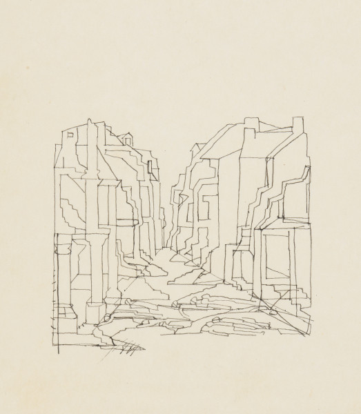 ilustracja - Rysunek na półtransparentnym kremowym papierze, konturowy, ogólny i nieujmujący szczegółów przedstawienia, ale składający się z wielu elementów: przedstawia perspektywicznie ujętą na wprost ulicę pośród gruzów budynków, w dolnej części kompozycji widoczne zarysy leżących na ulicy wśród gruzów ciał ludzkich. U dołu po lewej zaznaczają się kolumny, przy kolumnie znajdującej się najbardziej po lewej korekty: drobne skreślenia sąsiedniej pionowej kreski zamykającej po lewej kompozycję, kreski-skreślenia elementu schodów i gruzów pod schodami. W innych miejscach kompozycji dostrzegalne są i inne drobne korekty (po prawej, także blisko centrum kompozycji po prawej).