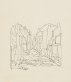 ilustracja - Rysunek na półtransparentnym kremowym papierze, konturowy, ogólny i nieujmujący szczegółów przedstawienia, ale składający się z wielu elementów: przedstawia perspektywicznie ujętą na wprost ulicę pośród gruzów budynków, w dolnej części kompozycji widoczne zarysy leżących na ulicy wśród gruzów ciał ludzkich. U dołu po lewej zaznaczają się kolumny, przy kolumnie znajdującej się najbardziej po lewej korekty: drobne skreślenia sąsiedniej pionowej kreski zamykającej po lewej kompozycję, kreski-skreślenia elementu schodów i gruzów pod schodami. W innych miejscach kompozycji dostrzegalne są i inne drobne korekty (po prawej, także blisko centrum kompozycji po prawej).