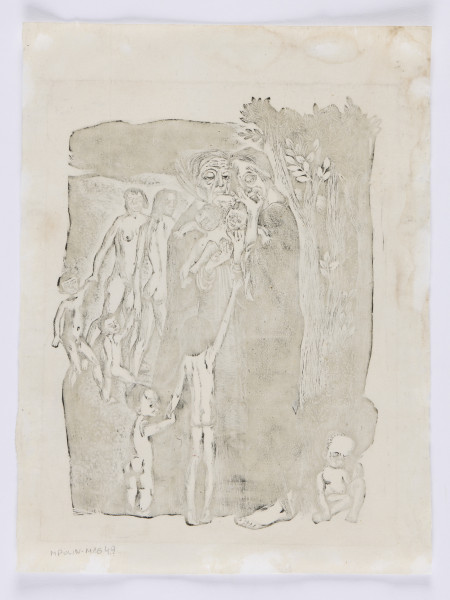 drzeworyt - Przedstawienie - kompozycja pionowa - czterech postaci kobiecych: dwóch stojących z przodu, ubranych, i dwóch, nagich, w ruchu, na drugim planie, z nagimi dziećmi. Dwoje dzieci trzymanych na rękach kobiet z pierwszego planu, poniżej jedno, tyłem, wyciągające jedną rękę ku kobiecie po lewej, a drugą trzymające rękę drugiego dziecka, widocznego z boku. Kobiety z drugiego planu trzymają po jednym dziecku za rękę. Jedno dziecko po lewej u dołu, siedzące, widoczne z przodu, w lewej ręce trzyma kwiat, ma założone okulary.Po lewej przedstawienie drzew, niewiele wyższych od kobiet z centrum kompozycji. Tło po prawej ciemne z licznymi kreskami, tło po prawej u góry - ciemne.