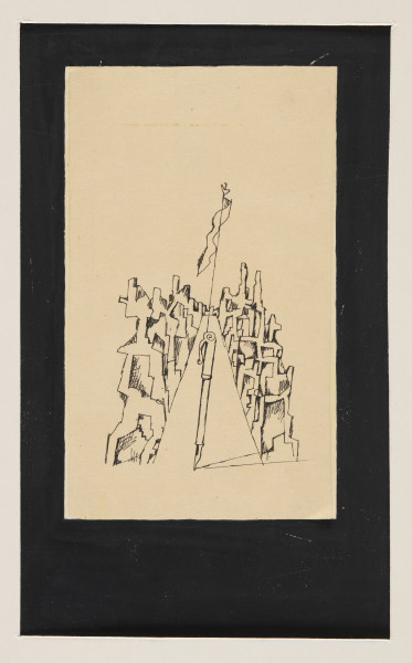 ilustracja - Rysunek czarnym piórkiem - kompozycja wertykalna - głównie konturowy, przedstawiający stojące pionowo, lekko ukośnie w prawo pióro, z wystającą z jego górnej części linią, na której górnym końcu zwisa chorągiew (wielkości podobnej do wielkości pióra), głównie po prawej i lewej stronie pióra - figury, z miejscami kreskowaniami-cieniowaniem. Rysunek obmalowany z wszystkich stron, prostokątnie, czarnym tuszem, obmalowanie tworzy ramkę o podobnej szerokości u góry i po bokach, większą u dołu, jej wewnętrzne krawędzie są proste, zewnętrzne nieregularne (przy rogach krawędzi zewnętrznych namalowanej ramy uwyraźniają się ślady po liniach włosia pędzla).Praca na kremowym papierze.
