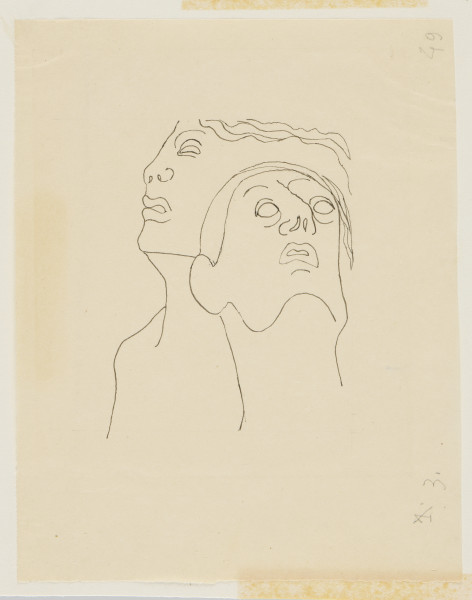 ilustracja - Przedstawienie czarnym piórkiem, na półtransparentnym kremowym papierze, konturowe, dwóch ludzkich głów, leżących. Znajdująca się bliżej widza została ukazana w trzech czwartych, razem z szyją, nieco dalsza - w profilu, ujęta z szyją i ramieniem. Oczy otwarte (nienarysowane źrenice), usta uchylone; głowa znajdująca się bardziej z przodu - z krótkimi włosami, z tyłu - z długimi, które zostały zasygnalizowane faliście opadającymi liniami zamykającymi prawą kompozycję.
