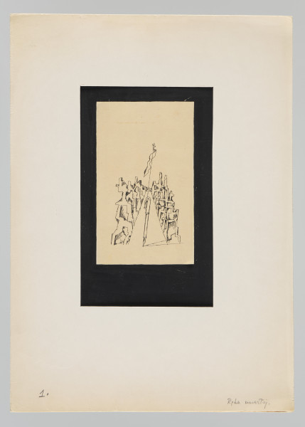 ilustracja - Rysunek czarnym piórkiem - kompozycja wertykalna - głównie konturowy, przedstawiający stojące pionowo, lekko ukośnie w prawo pióro, z wystającą z jego górnej części linią, na której górnym końcu zwisa chorągiew (wielkości podobnej do wielkości pióra), głównie po prawej i lewej stronie pióra - figury, z miejscami kreskowaniami-cieniowaniem. Rysunek obmalowany z wszystkich stron, prostokątnie, czarnym tuszem, obmalowanie tworzy ramkę o podobnej szerokości u góry i po bokach, większą u dołu, jej wewnętrzne krawędzie są proste, zewnętrzne nieregularne (przy rogach krawędzi zewnętrznych namalowanej ramy uwyraźniają się ślady po liniach włosia pędzla).Praca na kremowym papierze.