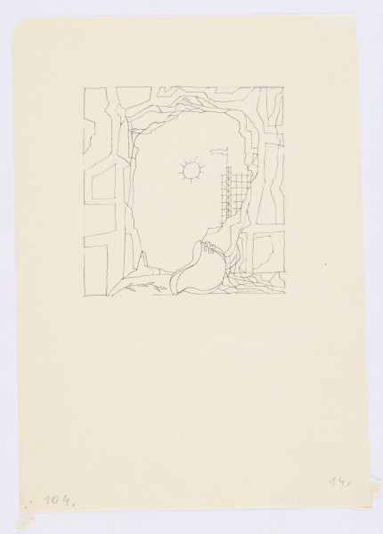 ilustracja - Rysunek konturowy i schematyczny okrągłej wyrwy w ścianie, ze spękaniami widocznymi z każdej strony wyrwy. Na pierwszym planie u dołu gałązka, obok niej hełm w pozycji pionowej (tj. nie leżący, ale postawiony na tylnej części) ze swastyką przy krawędzi znajdującej się u góry (tj. przedniej; swastyka wystaje częściowo ponad krawędź), w centrum kompozycji słońce (okrąg z rozchodzącymi się z niego jedenastoma promieniami-kreskami), obok niego kratowana konstrukcja budownicza z flagą.Praca na półtransparentnym kremowym papierze. Kwadratowa kompozycja usytuowana w górnej części karty. Na granicach rysunku widoczny podrys kwadratu wyznaczającego linie zamknięcia kompozycji.