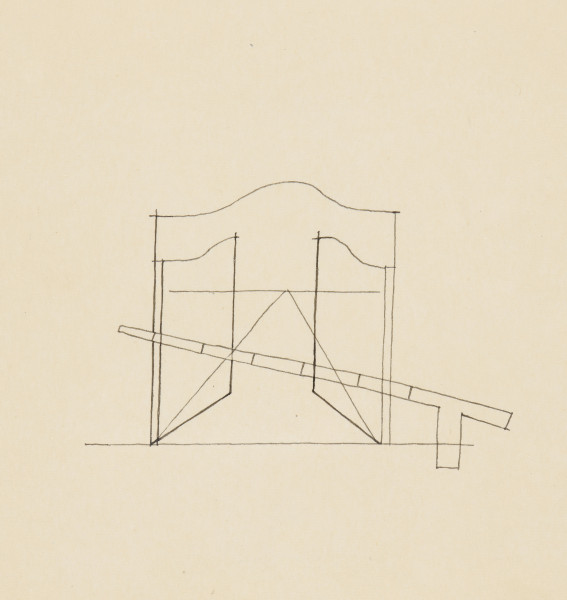 ilustracja - Rysunek tuszem na półtransparentnym papierze koloru kremowego: konturowe, narysowane niewieloma liniami, przedstawienie otwartych drzwi (?), za którymi widoczna jest droga ku horyzontowi. Na pierwszym planie półotwarty szlaban kolejowy.
