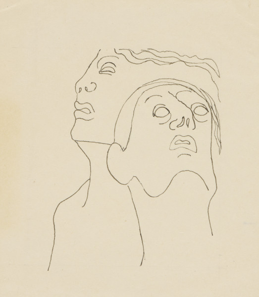 ilustracja - Przedstawienie czarnym piórkiem, na półtransparentnym kremowym papierze, konturowe, dwóch ludzkich głów, leżących. Znajdująca się bliżej widza została ukazana w trzech czwartych, razem z szyją, nieco dalsza - w profilu, ujęta z szyją i ramieniem. Oczy otwarte (nienarysowane źrenice), usta uchylone; głowa znajdująca się bardziej z przodu - z krótkimi włosami, z tyłu - z długimi, które zostały zasygnalizowane faliście opadającymi liniami zamykającymi prawą kompozycję.
