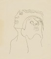 ilustracja - Przedstawienie czarnym piórkiem, na półtransparentnym kremowym papierze, konturowe, dwóch ludzkich głów, leżących. Znajdująca się bliżej widza została ukazana w trzech czwartych, razem z szyją, nieco dalsza - w profilu, ujęta z szyją i ramieniem. Oczy otwarte (nienarysowane źrenice), usta uchylone; głowa znajdująca się bardziej z przodu - z krótkimi włosami, z tyłu - z długimi, które zostały zasygnalizowane faliście opadającymi liniami zamykającymi prawą kompozycję.