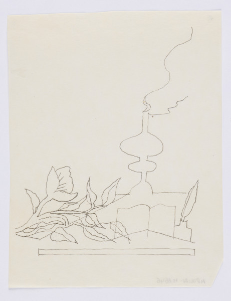 ilustracja - Konturowy rysunek czarnym piórkiem, przedstawiający lampę usytuowaną blisko centrum - z klosza z podwójnym wybrzuszeniem wydobywa się dym lub para (zasygnalizowane linią boczną z prawej, tu miejscowo podwójną, i z lewej), obok, po lewej, pąk kwiatu, z liśćmi na łodygach, poniżej otwarty zeszyt (?) i kałamarz z piórem - od dołu kompozycję zamyka podłużny poziomy prostokąt.Na kremowej karcie półtransparentnego papieru.