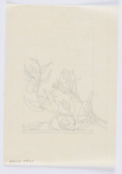 ilustracja - Konturowy rysunek przedstawiający łodygi z liśćmi i pąki kwiatów nad podłużnym poziomym prostokątem, wykonany czarnym piórkiem w dolnej części i z liniami ołówkiem głównie w górnej. Kompozycja w narysowanej ołówkiem pionowej prostokątnej ramce. Wewnątrz niej mniejsza podobna ramka, w odróżnieniu od większej niemieszcząca jednak w sobie wszystkich wewnętrznych elementów kompozycji - po lewej u dołu wychodzą poza ramkę łodygi, po prawej u dołu czubek liścia. Na kremowej karcie półtransparentnego papieru.