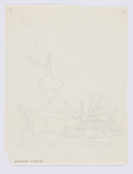 ilustracja - Konturowy rysunek czarnym piórkiem, przedstawiający lampę usytuowaną blisko centrum - z klosza z podwójnym wybrzuszeniem wydobywa się dym lub para (zasygnalizowane linią boczną z prawej, tu miejscowo podwójną, i z lewej), obok, po lewej, pąk kwiatu, z liśćmi na łodygach, poniżej otwarty zeszyt (?) i kałamarz z piórem - od dołu kompozycję zamyka podłużny poziomy prostokąt.Na kremowej karcie półtransparentnego papieru.