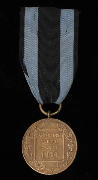 Medal Zasłużonym na Polu Chwały - ujęcie z tyłu; Rewers: na gładkim tle czworoboczna ramka obramowana wieńcem z liści laurowych; w ramce w czterech wierszach napis majuskułą ZASŁUŻONYM/NA POLU/CHWAŁY/1944. Medal zawieszony jest do czarnej wstążki z dwoma ciemnoniebieskim paskami.