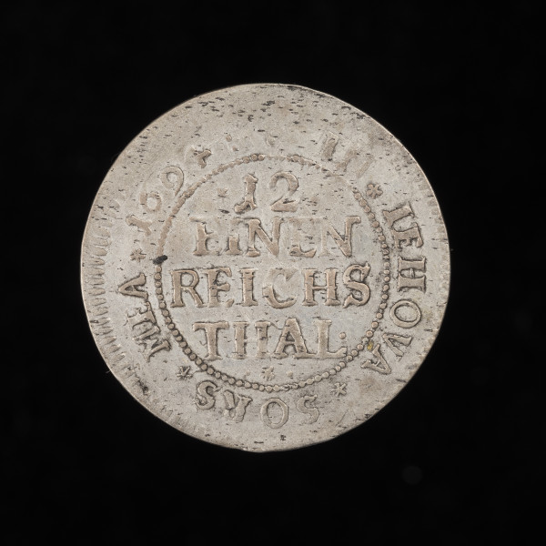 1/12 talara (dwugrosz) - rewers; Na rewersie w polu napis w czterech wierszach: 12/ EINEN/ REICHS/ THAL. W otoku sentencja: IN IEHOVA SORS MEA 1694 (w Bogu mój los).