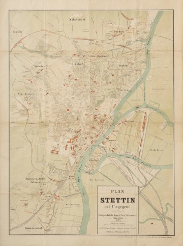 Plan von Stettin und Umgegend - ujęcie z przodu; Plan miasta w skali 1:10000 z zaznaczeniem obwodowej linii kolejowej. Na planie zaznaczono rzekę z dwoma odnogami, nazwy dzielnic, tereny zabudowane i leśne. Legenda u dołu w wydzielonym polu prostokąta z napisem: PLAN von STETTIN und Umgegend. Verlag von Friedr. Nagel (Paul Niekammer) Stettin 1894 Maßstab 1:10000 ... Pferdebahn .... Eisenbahn .... Grenzen der Gemeinde-Bezirke Lith.u.Druck v. F.M.Lenzner, Stettin