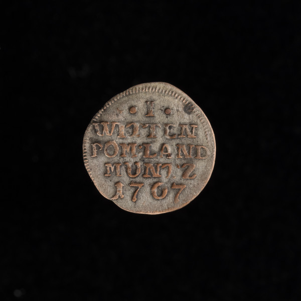 Witen - Na rewersie poziomy napis: I/WITTEN/POM LAND/MUNTZ/1707. Wokół obwódka promienista.
