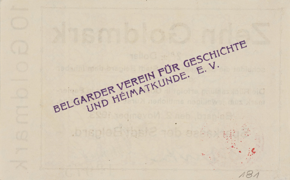 10 złotych marek - Ujęcie z tyłu; na verso centralnie po ukosie BELGARDER VEREIN FÜR GESCHICHTE | UND HEIMATKUNDE. E. V.