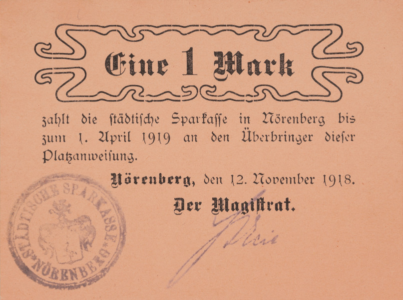 1 marka - awers; Jednostronny, nienumerowany bon wydrukowany na kartonie w kolorze pomarańczowym. U góry w ozdobnej ramce oznaczenie nominału: Eine - 1 - Mark. Poniżej dalsza część napisu: zahlt die städishe Sparkasse in Nörenberg bis/ zum 1. April 1919 an der Überbringer dieser/ Platzanweisung. Niżej napis: Nörenberg, den 12. November 1918/ Der Magistrat i tuszowe faksymile podpisu w kolorze fioletowym. W lewym dolnym narożniku okrągła tuszowa pieczęć w kolorze fioletowym. W polu pięczeci herb Ińska a w otoku napis: STÄDISCHE SPARKASSE - *NÖRENBERG*.