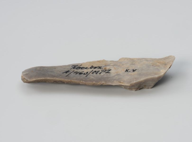 przekłuwacz typu Zinken - Ujęcie z boku; Duży przekłuwacz typu Zinken wykonany na nieregularnym wiórze z negatywami zaprawy oraz fragmentami kory widocznymi na stronie wierzchniej. Z lewej strony zakończony jest grubym wierzchołkiem, stanowiącym część pracującą, tzw. żądło, uformowane drobnym retuszem. Na krawędzi wióra widoczne są ślady retuszu użytkowego.