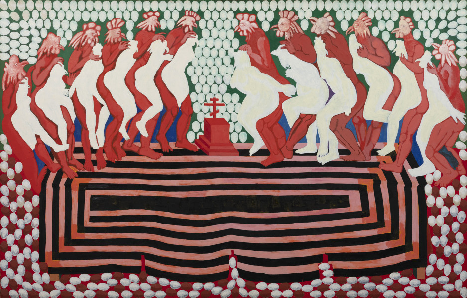 Kury i koguty - ujęcie z przodu; Kompozycja w układzie poziomym. W części górnej rytmicznie rozlokowane, ciasno stłoczone, nagie sylwetki ludzkie z głowami kur i kogutów. Postacie kur białe, kogutów czerwone. Postacie są zgromadzone w dwóch symetrycznych grupach i zwrócone w stronę centralnie umieszczonego, czerwonego prasołu (prawosławny ołtarz). W części dolnej wydłużony prostokąt, w układzie horyzontalnym utworzony z jasnoczerwonej meandrującej wstęgi na czarnym tle . Tło przedstawienia gęsto wypełnione rytmicznymi układami jajek, u góry białych, w partiach dolnych białych i czerwono-brązowych.