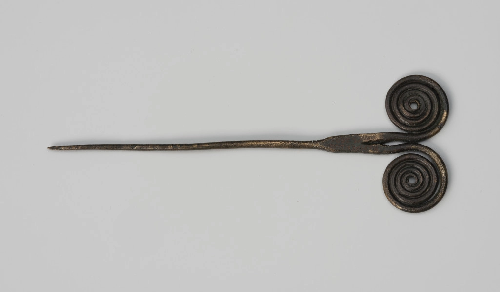 Szpila - Ujęcie z przodu; Szpilę z brązu, należącą do ozdób typu stanomińskiego, charakteryzuje lekko powyginana igła o długości 12,5 cm, która rozszerza się u nasady, tworząc prostokątną płytkę rozdzielającą się na dwa proste ramiona zakończone dwoma czterozwojowymi tarczkami w formie wolut (ślimacznic), na krawędziach których widoczne są szwy odlewnicze. Powierzchnia w dużym stopniu pokryta brunatną patyną.