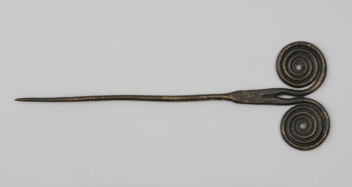 Szpila - Ujęcie z tyłu; Szpilę z brązu, należącą do ozdób typu stanomińskiego, charakteryzuje lekko powyginana igła o długości 12,5 cm, która rozszerza się u nasady, tworząc prostokątną płytkę rozdzielającą się na dwa proste ramiona zakończone dwoma czterozwojowymi tarczkami w formie wolut (ślimacznic), na krawędziach których widoczne są szwy odlewnicze. Powierzchnia w dużym stopniu pokryta brunatną patyną.
