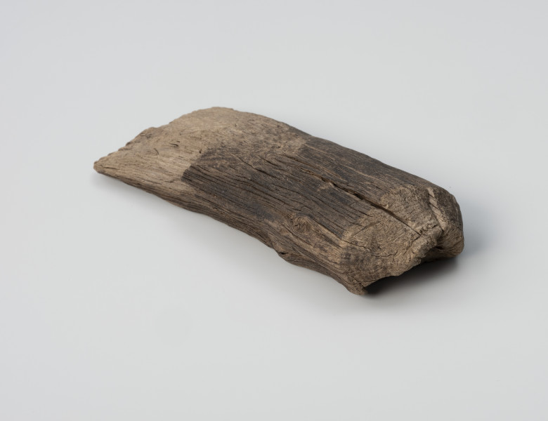 zgrzebło - Ujęcie z tyłu; Zgrzebło wykonane z fragmentu grubej gałęzi o pierwotnej średnicy około 6 cm. Jeden z jej końców ścięty pod kątem, na długości około 8 cm. Uzyskaną, łukowatą krawędź pracującą zaopatrzono w szereg ząbków. Zachowany fragmentarycznie, pierwotnie zapewne posiadał uchwyt-rączkę ułatwiającą pracę, po odłamaniu której pozostał negatyw o średnicy około 3.5 cm.