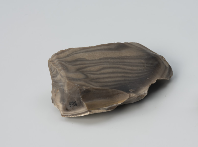 półwytwór narzędzia - Ujęcie z drugiego boku; Masywny odłupek krzemienia pasiastego, część większej bryły. Pęknięcie w części dystalnej sugeruje, że był on dużo większy.