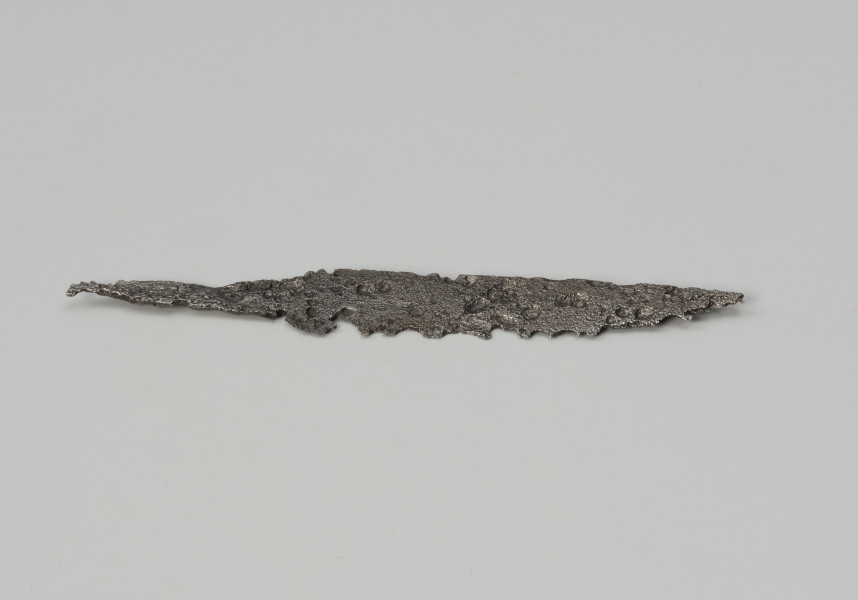 nóż - Ujęcie z przodu; Niewielkich rozmiarów nóż żelazny charakteryzujący się wąską głownią, prostym tylcem z lekko łukowatym ostrzem z prawej oraz trzpieniem wyodrębnionym dwustronnie z lewej. Rękojeść niezachowana.