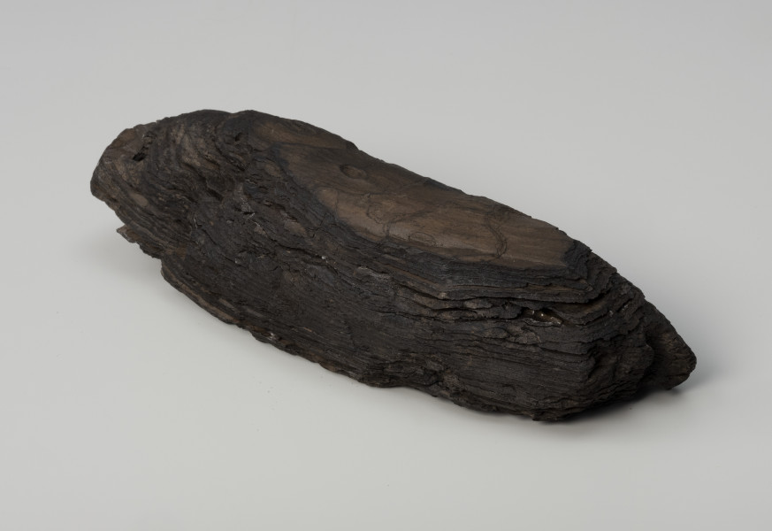 pływak do sieci - Ujęcie ze skosu z lewej; Pływak wykonany z jednego, dość dużego kawałka kory, najpewniej sosnowej. Posiada formę wydłużoną.