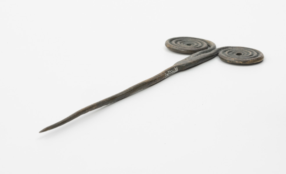 Szpila - Ujęcie ze skosu; Szpilę z brązu, należącą do ozdób typu stanomińskiego, charakteryzuje lekko powyginana igła o długości 12,5 cm, która rozszerza się u nasady, tworząc prostokątną płytkę rozdzielającą się na dwa proste ramiona zakończone dwoma czterozwojowymi tarczkami w formie wolut (ślimacznic), na krawędziach których widoczne są szwy odlewnicze. Powierzchnia w dużym stopniu pokryta brunatną patyną.