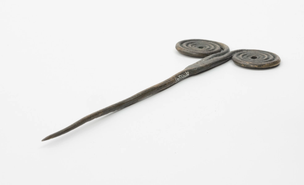 Szpila - Ujęcie ze skosu; Szpilę z brązu, należącą do ozdób typu stanomińskiego, charakteryzuje lekko powyginana igła o długości 12,5 cm, która rozszerza się u nasady, tworząc prostokątną płytkę rozdzielającą się na dwa proste ramiona zakończone dwoma czterozwojowymi tarczkami w formie wolut (ślimacznic), na krawędziach których widoczne są szwy odlewnicze. Powierzchnia w dużym stopniu pokryta brunatną patyną.