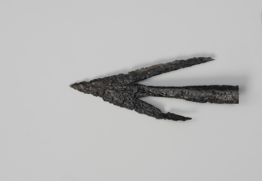 Grot strzały łuku - ujęcie z dołu; Skierowany w lewą stronę żelazny grot strzały łuku charakteryzuje się długimi zadziorami liścia i stożkowatą tulejką do osadzenia na drzewcu.