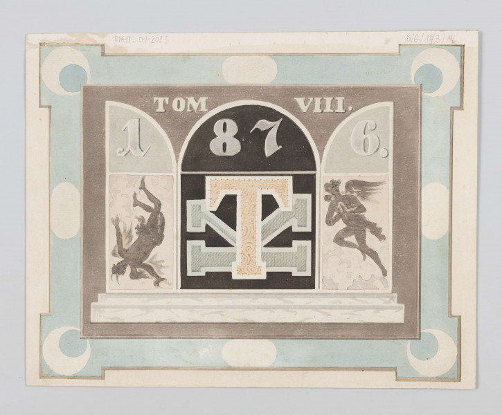 Akwarela namalowana dwustronnie. Na jednej stronie widok domu wśrod drzew, całość zamknięta ramą w kształcie elipsy. Na odwrociu grafika z motywami : otwartej  bramy, uskrzydlonych postaci i napisem w gornej części : TOM VIII 1876