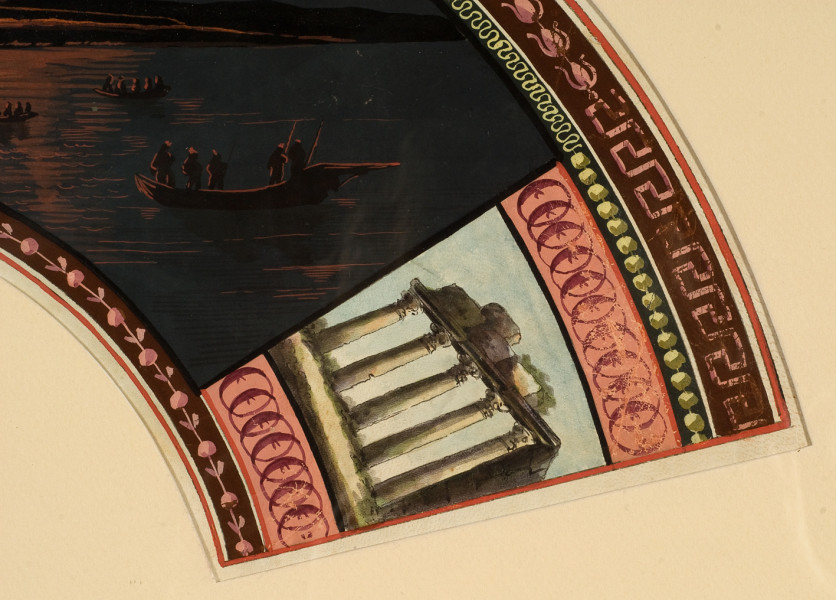 Pokrycie wachlarza składanego, plisowanego (nie zamocowanego nigdy na żeberkach stelażu) wykonane z białej, koźlęcej skóry dekorowanej gwaszem. Dekorację stanowi nocny pejzaż ze sztafarzem – brzeg morza z latarnią, pływającymi po morzu łodziami a w dalszym planie wyspa z wulkanami, z dwoma podczas wybuchu