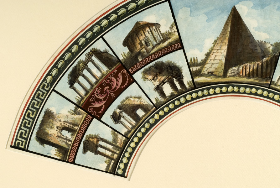 Pokrycie wachlarza składanego, plisowanego wykonane z białej, koźlęcej skóry dekorowanej gwaszem i akwarelą. 