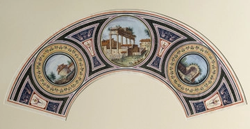 Pokrycie wachlarza składanego, plisowanego  wykonane z białej, koźlęcej skóry dekorowanej gwaszem. Dekorację stanowią trzy widoki ruin z Forum Romanum ujętych w tonda. 