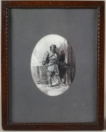 S.11861MŁ Portret zbrojnego mężczyzny. Oprawiony w ramę drewnianą, profilowaną i złoconą przy wewnętrznej krawędzi, przeszkloną