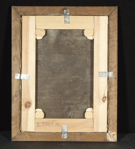 zdjęcie przedstawia odwrocie obrazu; drewniana konstrukcja blejtramu oraz drewniana rama.