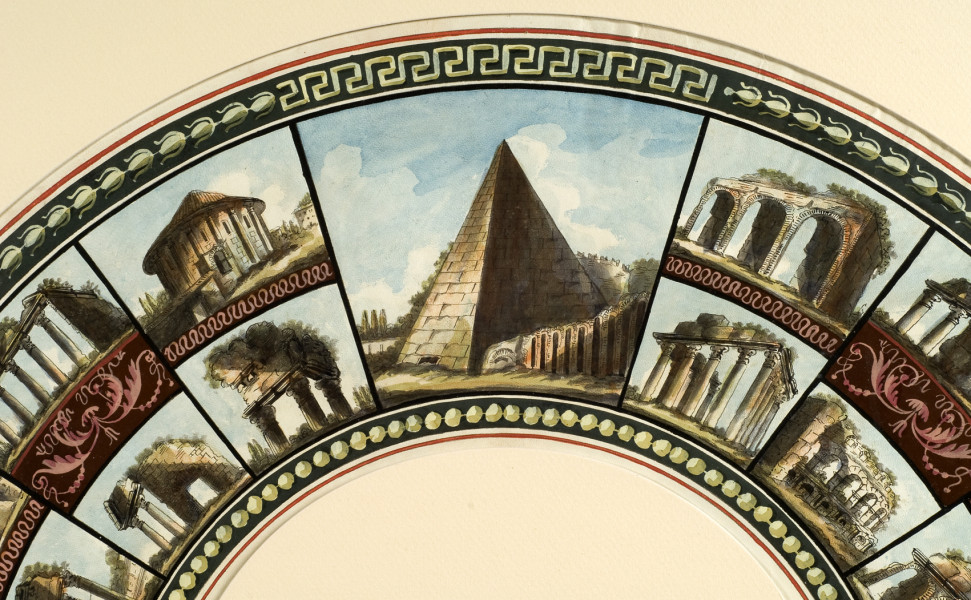 Pokrycie wachlarza składanego, plisowanego wykonane z białej, koźlęcej skóry dekorowanej gwaszem i akwarelą. 