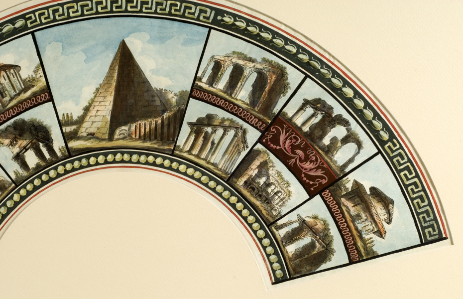 Pokrycie wachlarza składanego, plisowanego wykonane z białej, koźlęcej skóry dekorowanej gwaszem i akwarelą. 