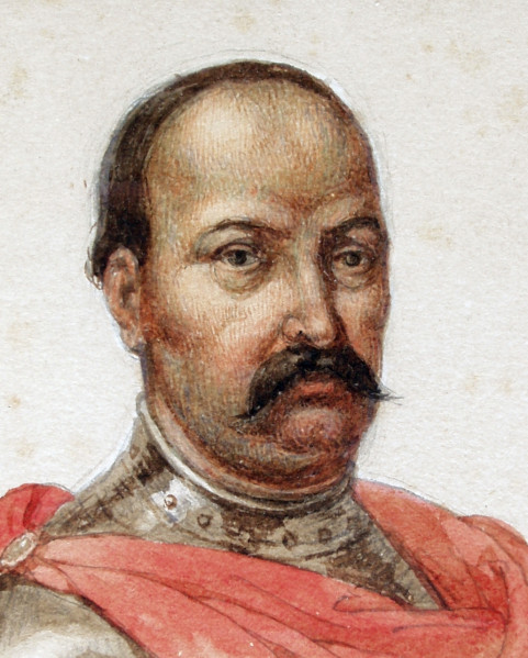 Książę ukazany został w popiersiu, w ¾ prawego profilu, w zachodnioeuropejskiej zbroi, na której czerwony płaszcz, spięty broszą na prawym ramieniu. 