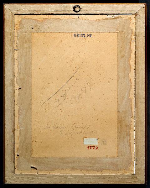 Mężczyzna o okazałych, podkręcanych wąsach, ukazany z twarzą zwróconą lekko w prawo, z lewą ręką wspartą na biodrze, sportretowany na tle architektury. Hrabia pozuje w historycznym kostiumie. 