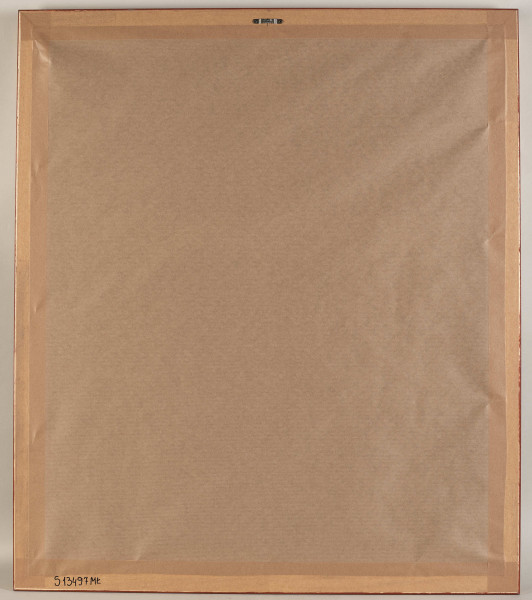 Portret kobiety w sukni wieczorowej. Na szyi sznur pereł, na ramionach szal. Na obu rękach złota bizuteria. Pod lewą ręką namalowany kwiat. Obraz sygnowany w lewym dolnym rogu