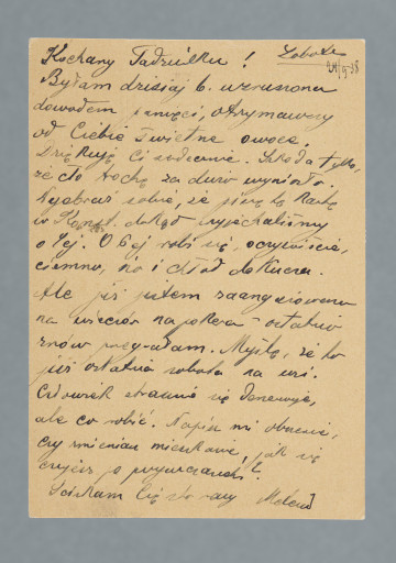 List na karcie pocztowej pisany na pustej części karty i na części przy danych pocztowych. Na rewersie trzy znaczki pocztowe (dwa naklejone, jeden nadrukowany), trzy pieczątki z datą nadania; nadruki - m.in. „TELEFON ZAOSZCZĘDZA CZAS I PIENIĄDZE!”.
Z treści: Kochany Tadziulku! | Byłam dzisiaj b. wzruszona dowodem pamięci, otrzymawszy od Ciebie świetne owoce. Dziękuję Ci serdecznie. Szkoda tylko, że cło trochę za dużo wyniosło. […]