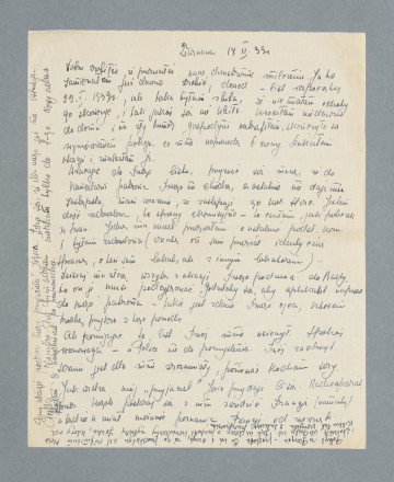 Odręczny list na pojedynczej czystej karcie napisany na obu stronach. Dopisek na lewym marginesie pierwszej strony. U dołu dopisek „do góry nogami”. Zagięty prawy górny róg. Na drugiej stronie dopisek na lewym marginesie.
Z treści: Dobrze zrobiłeś, że przerwałeś nasze […] [nieczytelne] milczenie. Jako zamierzałam już dawno zrobić, dowód – list rozpoczęty 29. I. 1939, ale taka byłam zbita, że nie miałam ochoty go skończyć, i tak jakoś się nie kleiło. […]